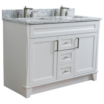 48" Double Sink Vanity, White Finish With White Carrara Marble