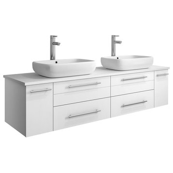 Lucera Wall Hung Bathroom Cabinet With Top & Double Vessel Sinks, White, 60"