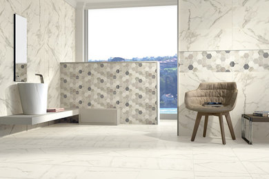 Example of a large trendy master multicolored tile, white tile and marble tile marble floor and white floor bathroom design in San Diego with white walls, a vessel sink and concrete countertops