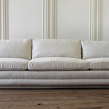 Mid-Century Modern Sofa Reupholstered in Natural Linen Blend Herringbone