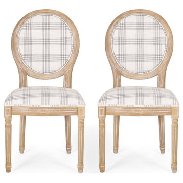 Set of 2 Dining Chair, Wood Frame With Padded Seat & Oval Back, Dark Blue Plaid
