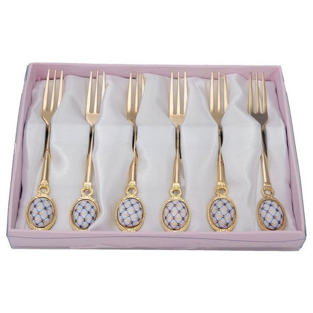 Royal Flatware 6pc Gold-Plated Lomonosov Ornament Cobalt Net Forks Set