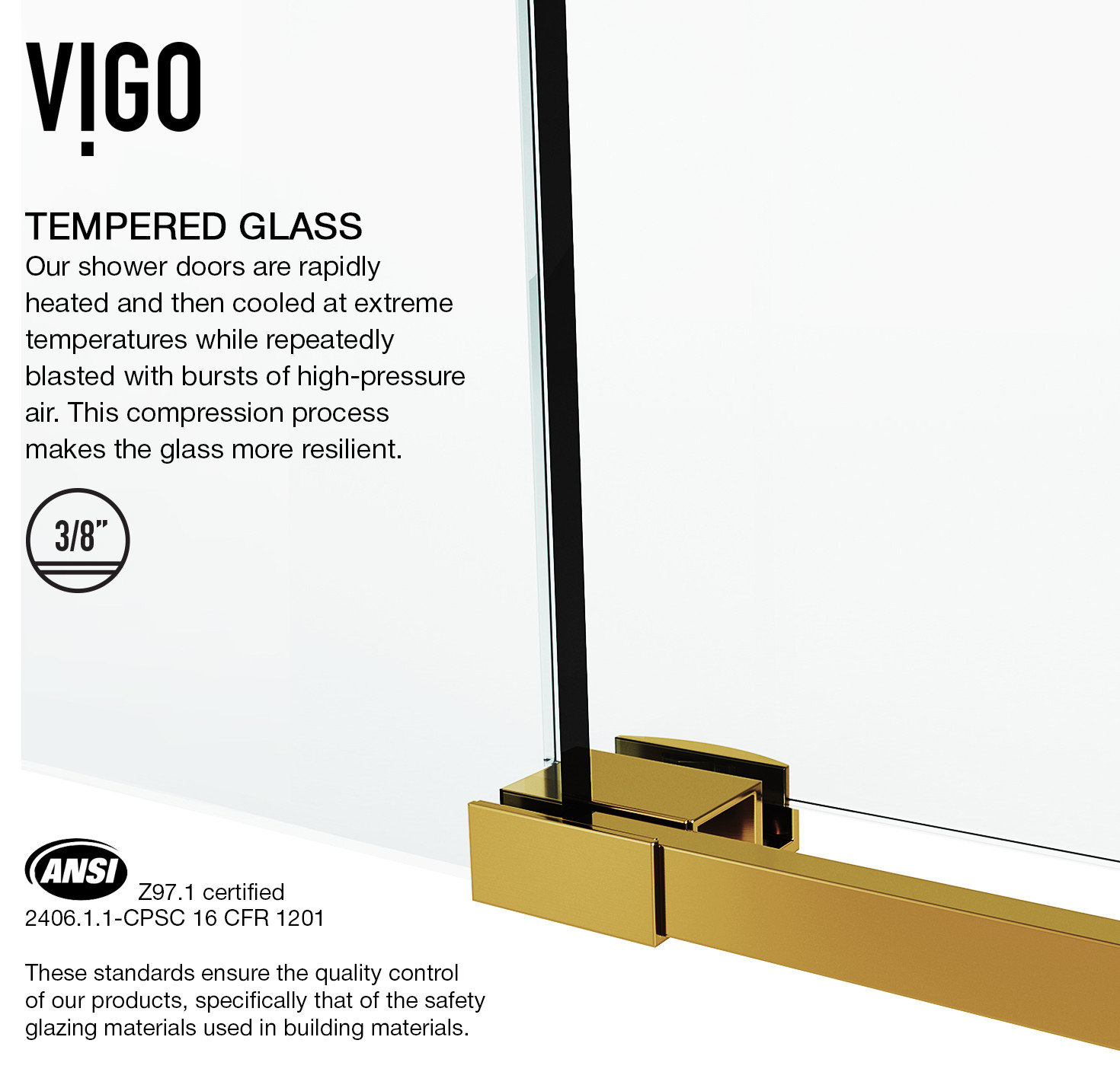 VIGO Elan 60" to 64" W x 74" H Frameless Sliding Shower Door, Matte Gold, Clear Glass