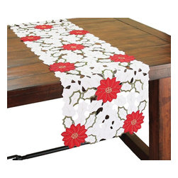 Xia Home Fashions - Holiday Poinsettia Embroidered Cutwork Table Runner, 15x54 - Table Runners