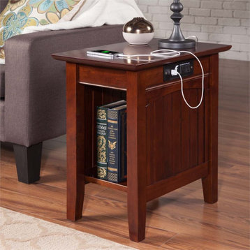 Leo & Lacey Modern Solid Wood Side Table w/ USB Charger in Walnut