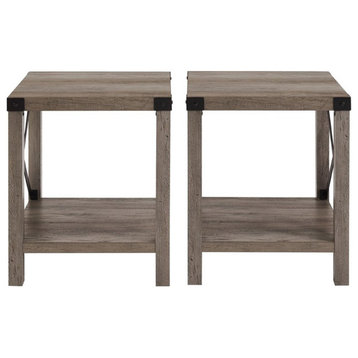 Farmhouse Metal-X End Tables with Lower Shelf in Gray Wash (Set of 2)