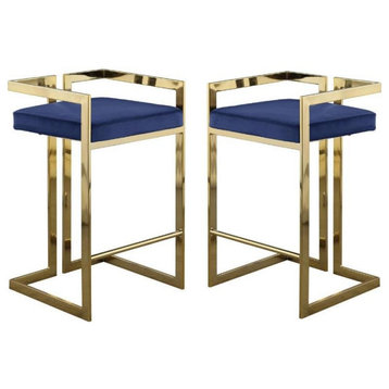 Home Square 2 Piece 27" Velvet Counter Stool Set with Gold Metal Base in Navy