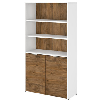 Jamestown 5-Shelf Bookcase With Doors, Fresh Walnut and White