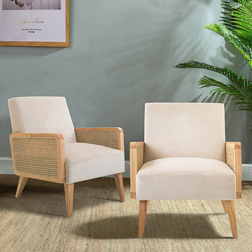 Cane Accent Chair With Rattan Arms Set of 2, Beige