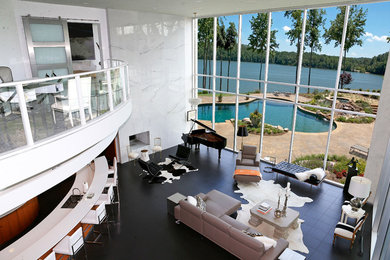 Family room - large contemporary open concept ceramic tile family room idea in Austin with white walls, a two-sided fireplace, a stone fireplace and no tv