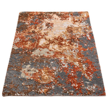 Abstract Design Wool & Silk Hi-Low Pile Denser Weave Hand Knotted Rug, 2'6"x4'1"