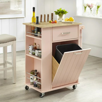 Contemporary Kitchen Cart, Pull Out Garbage Cabinet & Side Open Shelves, Pink