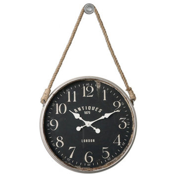 Rustic Wall Clock Antiqued Ivory Finish and Black Clock Face Rope Accent