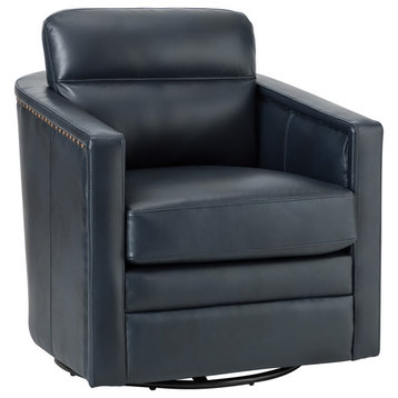 Marion 28.74" Wide Genuine Leather Swivel Chair, Navy