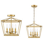 Lighting Favorites - 4 Light Semi-flush Convertible to Pendant Gold Lantern - Popular lantern-style lighting gets an updated look with the mini gilded gold 13 x 14 Inch Four Light Semi Flush convertible to a Pendant light. This open lantern is perfect for entryways, hallways and many smaller rooms. Specs: 60 Watt Max 4 Lights and Gold with adjustable chain for different heights 14" Height from canopy to bottom when installed as a semi flush includes chain and loop for hanging as a pendant Minimum Hanging height when installed as a pendant is 18.5".  This fixture requires 4 - 60 watt max candelabra based bulbs (sold separately) and is LED compatible.