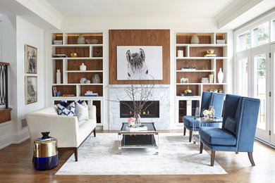 Photo of a mid-sized transitional formal open concept living room in Toronto with white walls, medium hardwood floors, a stone fireplace surround, brown floor and a ribbon fireplace.