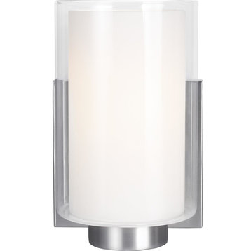 Bergin 1-Light Wall Sconce, Satin Nickel, White Opal Etched