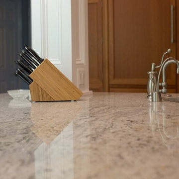 Island modification, columns, Salinas White Granite, Herringbone tile
