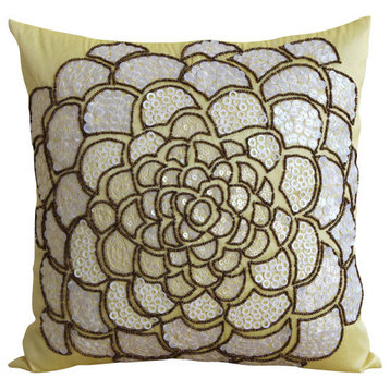 Sequins Flower 24"x24" Art Silk Yellow Pillow Shams, White Wildflower