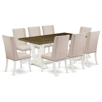 East West Furniture V-Style 9-piece Wood Dining Set in White/Cream