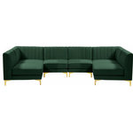 Meridian Furniture - Alina Velvet Modular U-Shaped Sectional, Green, 6-Piece: 4 Armless Chair, 2 Corner Chair - Bring modern beauty to your space with the addition of this Alina Velvet Modular sectional. This beautiful sectional features deep channel tufting to ramp up its visual interest and add to its resilient demeanor. Its soft green velvet upholstery blends nicely with existing elements in your room and is sleek to the touch, making this seat a super comfortable one. Part of the modular Alina collection, this sectional has a latch that attaches it to other pieces to create your custom seating arrangement.