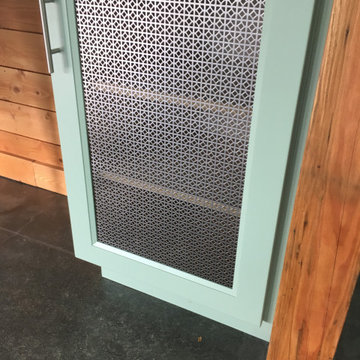 Perforated cabinet screens, reclaimed beam Douglas fir
