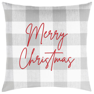 Merry Christmas Grey Buffalo Plaid Outdoor Pillow, 18x18