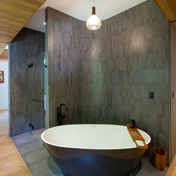 Freestanding Soaking Tub and Shower Enclosure in Primary Bath