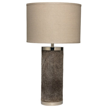 Column Table Lamp, Gray Hide With Classic Drum Shade, Natural Linen
