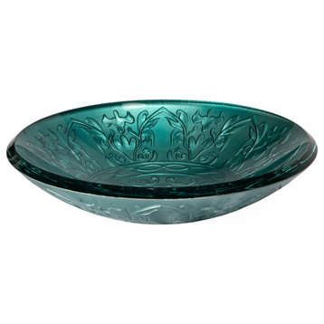 Teal Glass Vessel Sink With Embossed Pattern