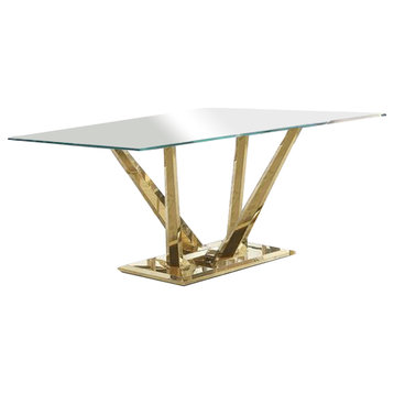 Benzara BM261901 Dining Table and Glass Top and Steel Pedestal Base, Gold