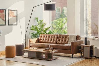 Mid-sized eclectic open concept light wood floor living room photo in Chicago with beige walls