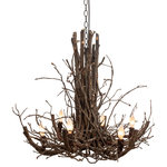 Wish Designs USA - Wrangler Branch Twig Chandelier - The Wrangler style hickory branch chandelier brings natural charm to kitchen, dining, bedroom and great room settings.  30" wide, 30" high, 6 lights.  6' wire / chain included.  40 watt maximum per socket.  For use with incandescent or LED bulbs.  Candelabra base.  Bulbs are not included with fixture.  Clean with a dust wand or vacuum attachment.*Candelabra base.
