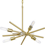 Progress Lighting - Astra Collection Six-Light 22" Satin Brass Modern Chandelier - The Astra chandelier features a space-age-inspired design perfect for modern and mid-century decor. Six spoked arms radiate out from a cylindrical down rod suspended from a center round canopy, bringing a dynamic flair to the fixture's design. A lovely satin brass finish adds a touch of soft glamour. Decorative bulbs (sold separately) adorn the ends of each perpendicular arm. This versatile chandelier is ideal for bringing illumination to dining rooms, kitchens and bedrooms. This fixture is part of the Progress Lighting Design Series, a lighting collection offering fashionable styles and affordable luxury lighting for the home.