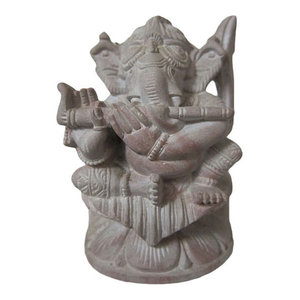 Mogul Interior - Consigned Musical Ganesha Statue Playing Flute Stone Sculpture - Decorative Objects And Figurines