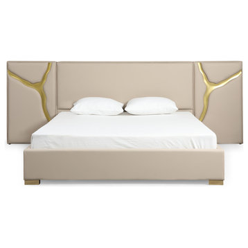 Aspen Beige Bonded Leather and Gold Bed, Eastern King