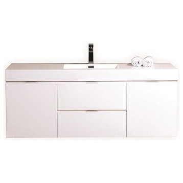 Bliss 60" Single Sink High Gloss White Wall Mount Modern Bathroom Vanity