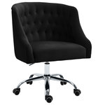 Meridian Furniture - Arden Swivel and Adjustable Velvet Upholstered Office Chair, Black, Chrome Base - Stay cozy and comfortable at work while expressing your definitive modish tastes with this Arden Velvet Office Chair. This sumptuously appointed chair features soft black velvet upholstery with svelte button tufting and a rich chrome base, ensuring that it garners more than its fair share of oohs and aahs, no matter who's admiring it. This contemporary office chair swivels to allow for expanded functionality, and it's adjustable, so you can customize the chair's position to meet your sitting preferences.