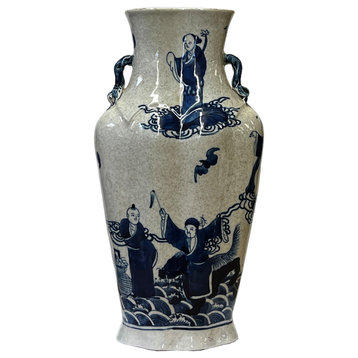 Chinese Light Almond Porcelain Eight Immortal Graphic Flat Body Vase Hws3000