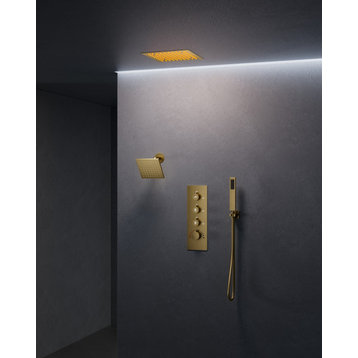 LED Heads Rain High Pressure Shower System with 4-Way Thermostatic  Faucet, Brushed Gold, 12" & 6"