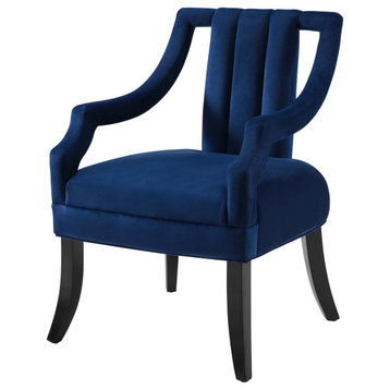 Modern Designer Lounge Accent Side Chair, Velvet Fabric Wood, Navy Blue