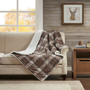 Woolrich Cozy Spun And Berber Printed Throw, Brown