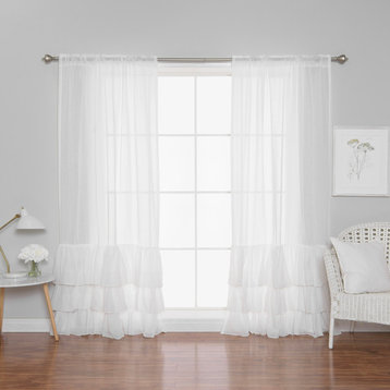Faux Linen Ruffle Curtains, White, 52"x84", Set of 2