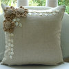 Jute Flowers Beige Cotton Linen 16"x16" Pillow Covers Decorative, Jute Blooms