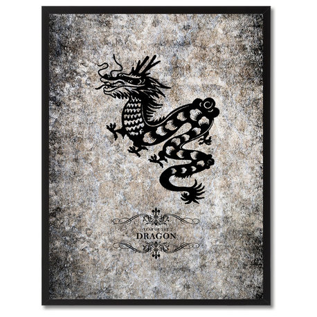 Dragon Chinese Zodiac Black Print on Canvas with Picture Frame, 22"x29"