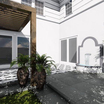 High-End Patio Covers with a Fireplace and Tile Flooring