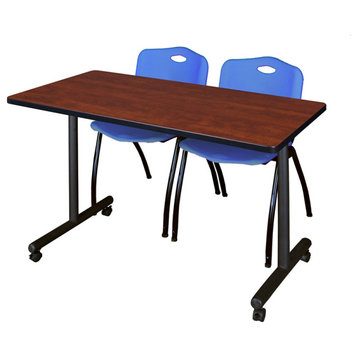 48" x 24" Kobe Mobile Training Table- Cherry & 2 'M' Stack Chairs- Blue