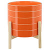 10" Striped Planter With Wood Stand, Orange