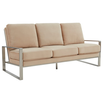 Leisuremod Jefferson Modern Design Velvet Sofa With Silver Frame Beige