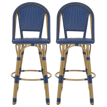 Cotterell Outdoor French Wicker and Aluminum 29.5" Barstools, Set of 2, Navy Blue/Bamboo Finish